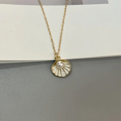 Colorful Shell Pendant Necklace Imitation Pearl Fashion Women Neck Jewelry Golden Color Link Chain Jewelry