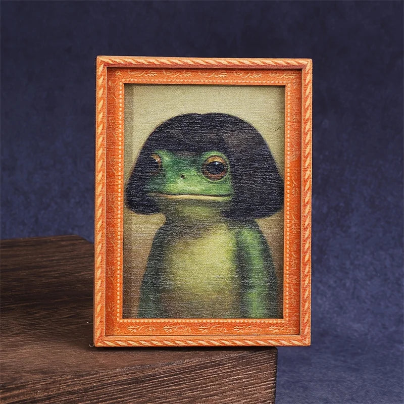 1Pc Mini Wooden Photo Frame Frog Fridge Magnet Funny Green Frog & Haircut Modern Kitchen Decor Durable Refrigerator Ornament 