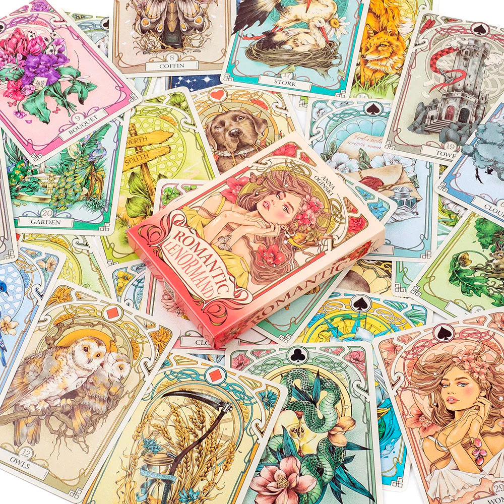 Romantic Lenormand Oracle Cards 37 Pcs Deck 10.2x7.2cm English Vision Art Nouveau Floral Motifs for Party Board Playing Games