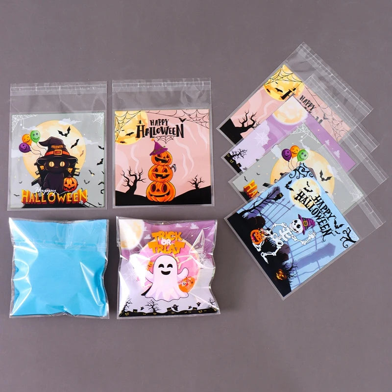 50/100Pcs Spooky Halloween Candy Bags Pumpkin Ghost Gift Cookie Self-Sealing Bags Halloween Party Decor Trick or Treat