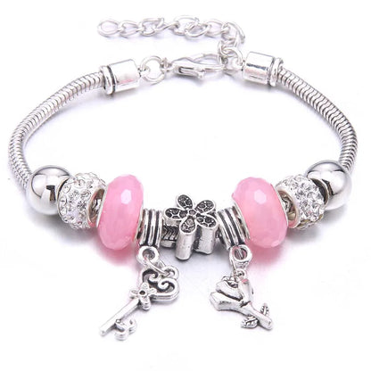 Pink Charm Bangle Lobster Buckle Snake Chain Beaded Bangles For Women Summer Romantic Gift Fashion Butterfly Bracelet Jewelry