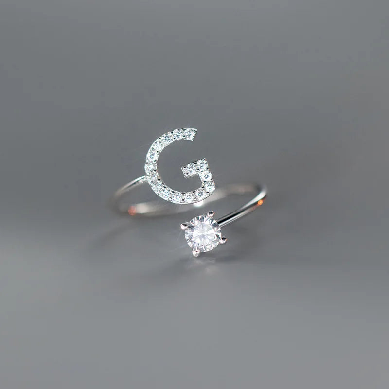 Zircon Initial A-Z Letter Ring For Women Metal Adjustable Opening Ring Name Alphabet Female Wedding Gift Anillos Mujer - G