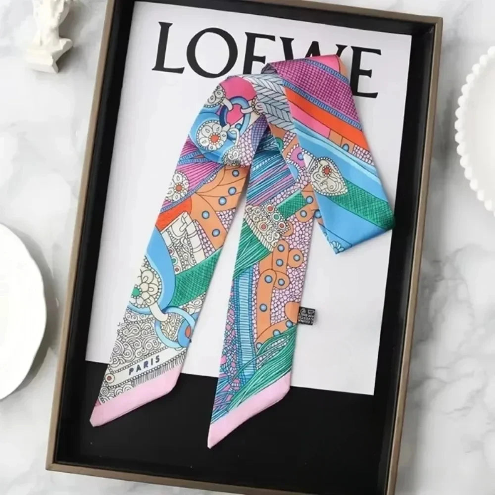 French Retro Print Tying and Wrapping Handle Ribbon Women's Imitation Silk Scarf Light Luxury Saddle Printed Streamer Decorat