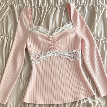 Summer Lace Patchwork Coquette T-shirt Ribbed Knit Slim Fit Milkmaid Tees Women Short Sleeve Y2k Grunge Crop Tops Aesthetic -