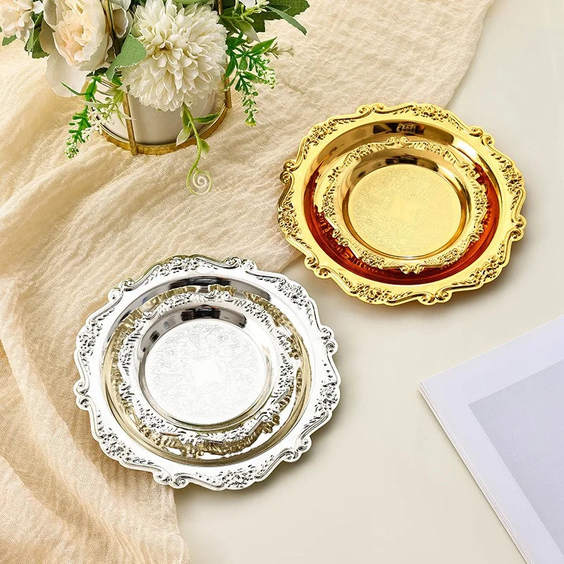 Retro Luxury Silver Plated Plates Cake Dessert Tray High Tea Snack Fruit Dish Jewelry Storage Tabletop Decor Home Hotel Suppl