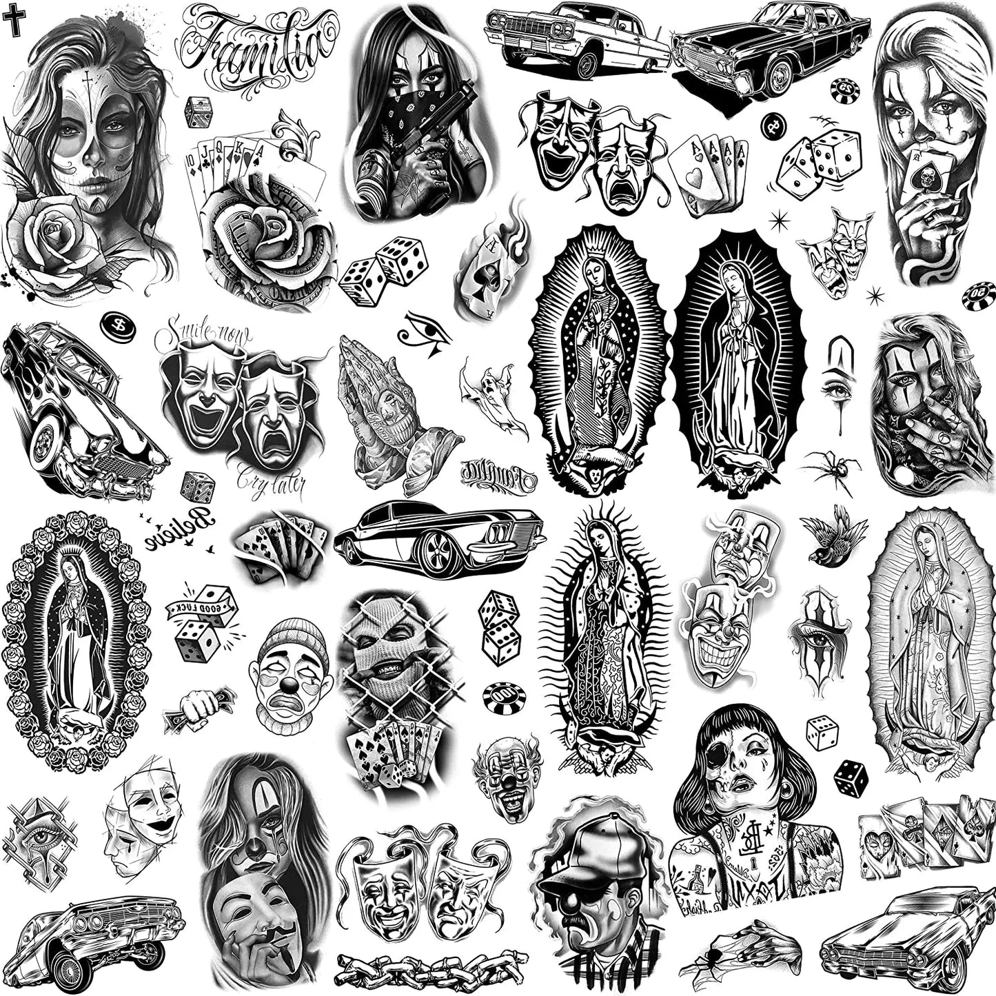 6 Sheets Chicano Temporary Tattoos For Men Women Adult, Chicana Guadalupe Gangster Fake Tattoos Halloween Day of the Dead Mex