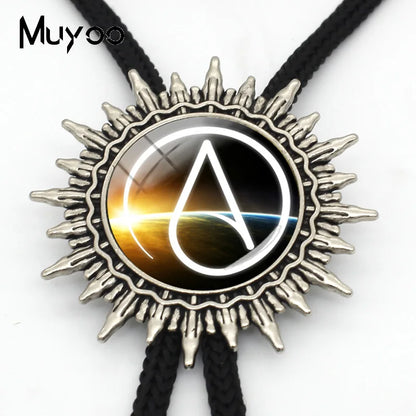 BOLO-0087 Fashion Hot Atheist Atheism Symbol Bolo Ties For Men Handmade Atheist Logo Round Glass Dome Slide Fashion Neck Tie