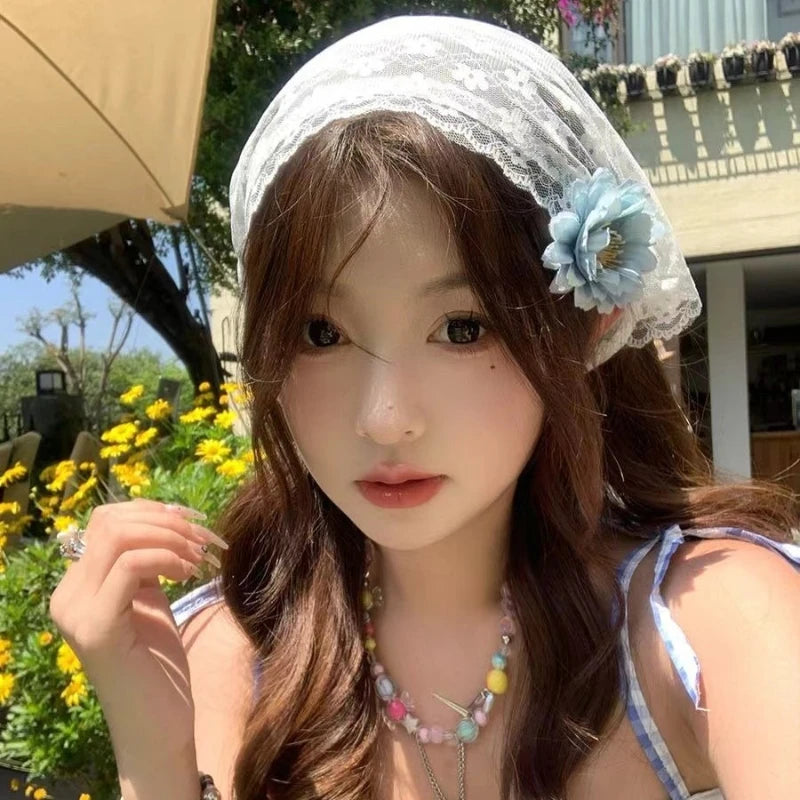 Lace Flower Elegant Temperament Lace Female Flower White Sweet Triangle Scarf Thin Breathable Ribbon Artistic Style Travel Ph