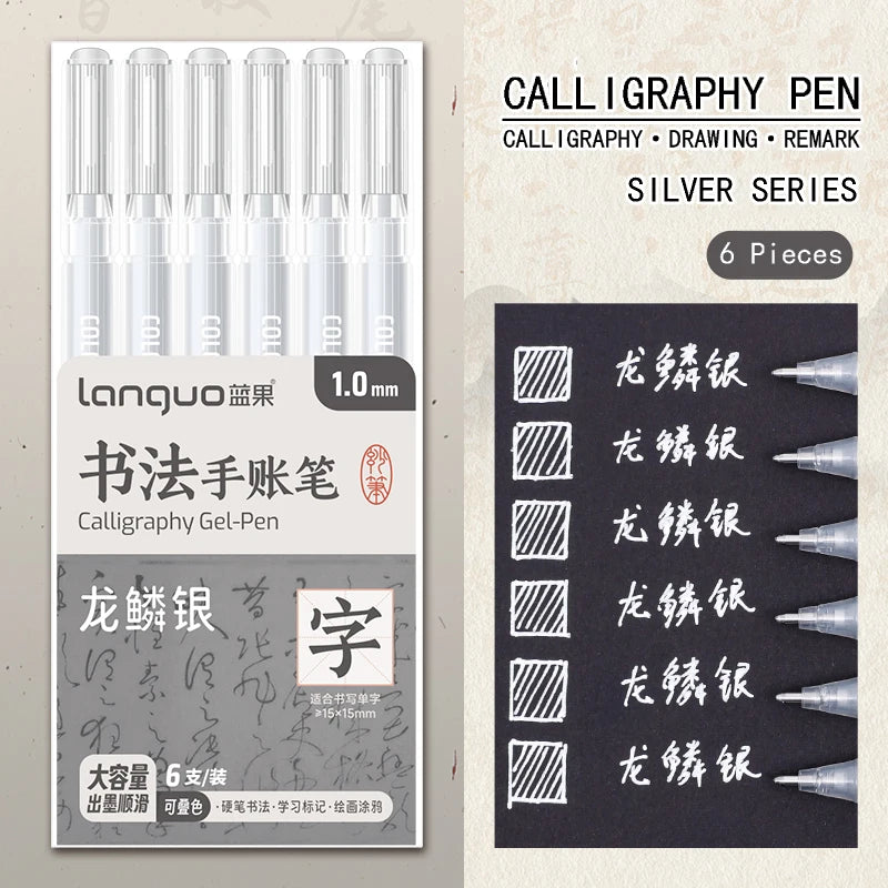 6 Pcs/Set Large Capacity Calligraphy Gel Pen 1.0mm Hard Tip Pens for Journaling Drawing Practice Planner Writing Stationery -