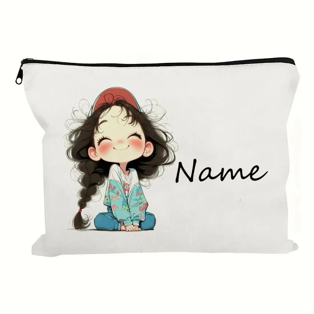 Custom Name Vintage Cute Girl Pattern Makeup Bag Handbag Toiletry Bag Pencil Case Holiday Gift Cosmetic Bag - D