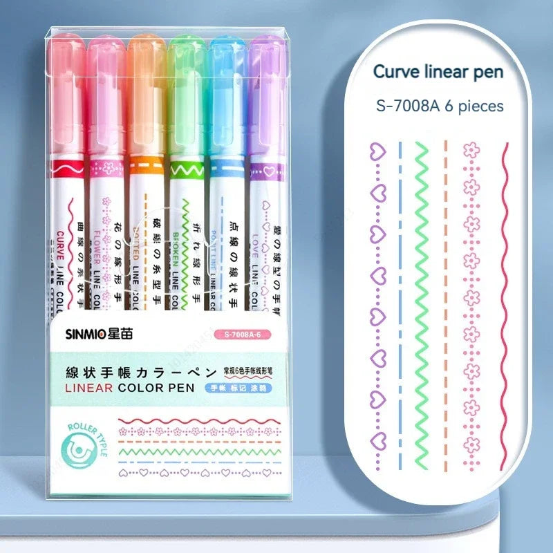 6Pcs/Set Flower Line Shape Highlighter Pen Roller Tip Curve Liner Marker Kawaii Korean Stationery School Office Supplies Gift
