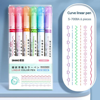 6Pcs/Set Flower Line Shape Highlighter Pen Roller Tip Curve Liner Marker Kawaii Korean Stationery School Office Supplies Gift
