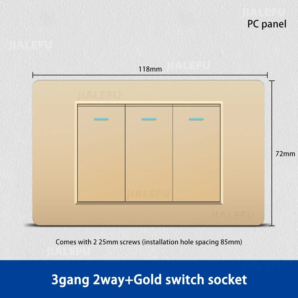 DELEFU 118*72mm PC Panel Parallel 3gang 2way Grey Black White Gold Wall Switch - PC Gold