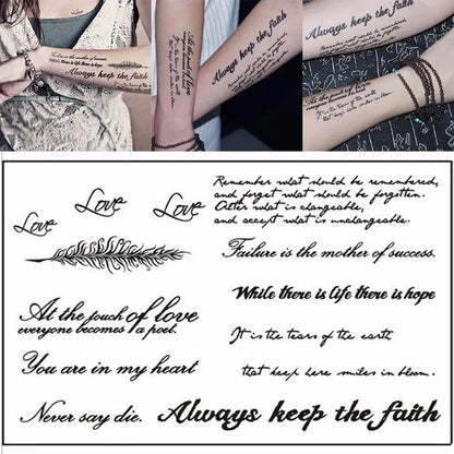 Tattoo Stickers English Word Waterproof Long Lasting Realistic Transfer Temporary Black Letters Feather Body Art For Men Wome