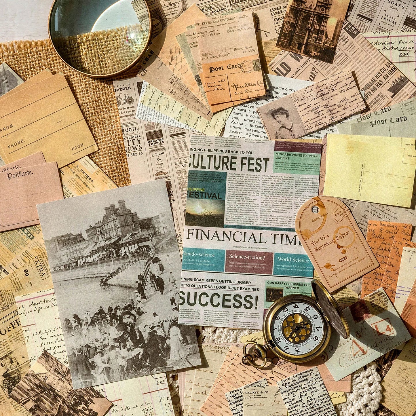 JIANQI 100pcs/pack Decor Scrapbook Vintage Materials Paper Combo Kit DIY Junk Journal Collage Photo Album Retro Background pa
