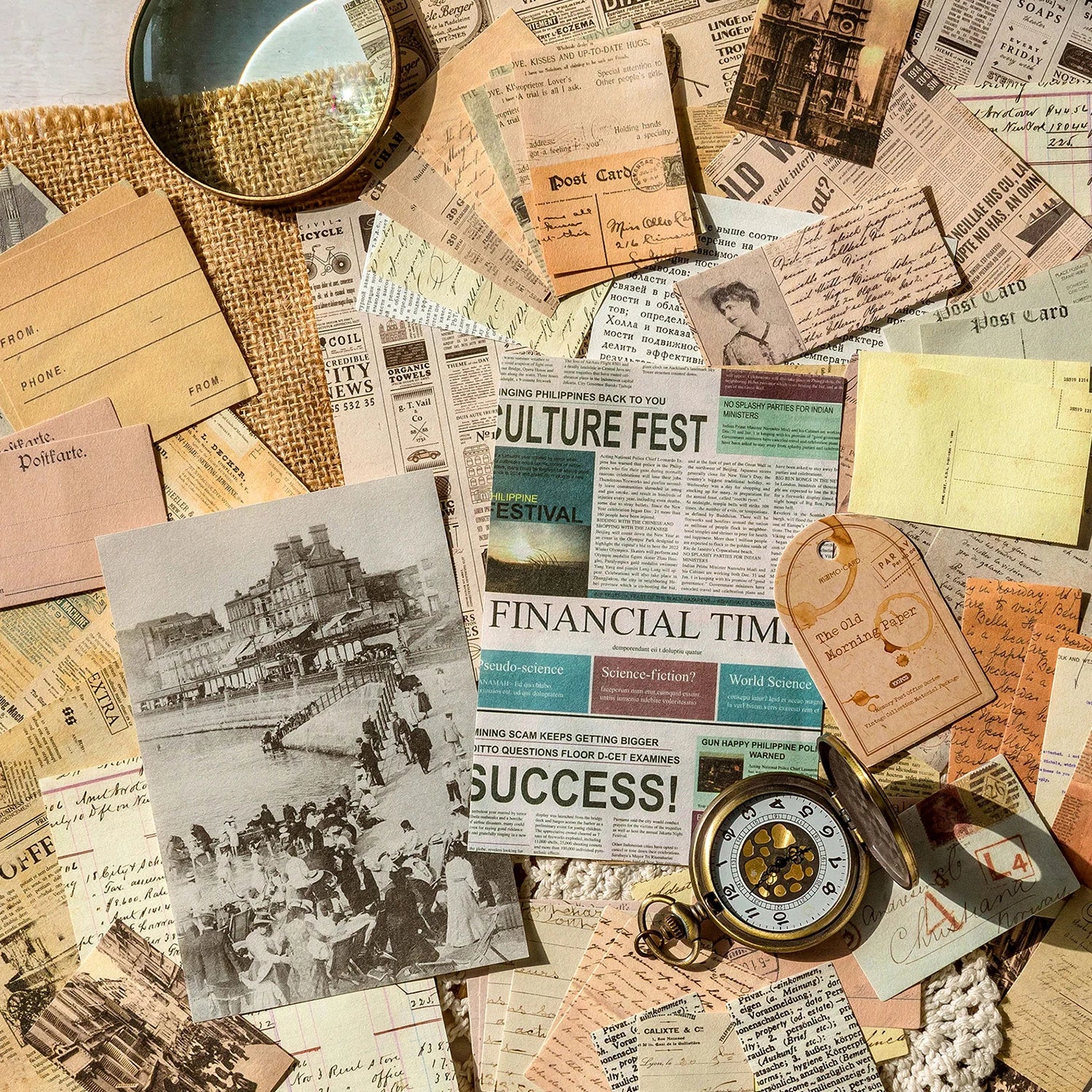 JIANQI 100pcs/pack Decor Scrapbook Vintage Materials Paper Combo Kit DIY Junk Journal Collage Photo Album Retro Background pa