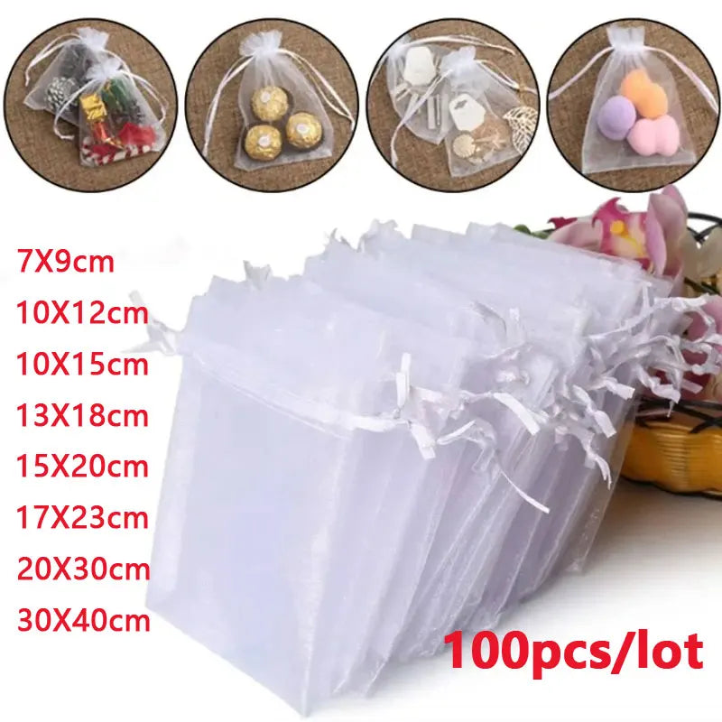 100Pcs/lot 7x9 9x12 10x15 13x18CM Organza Bags Jewelry Bag Wedding Party Decoration Drawable Bags Gift Pouches Jewelry Packag