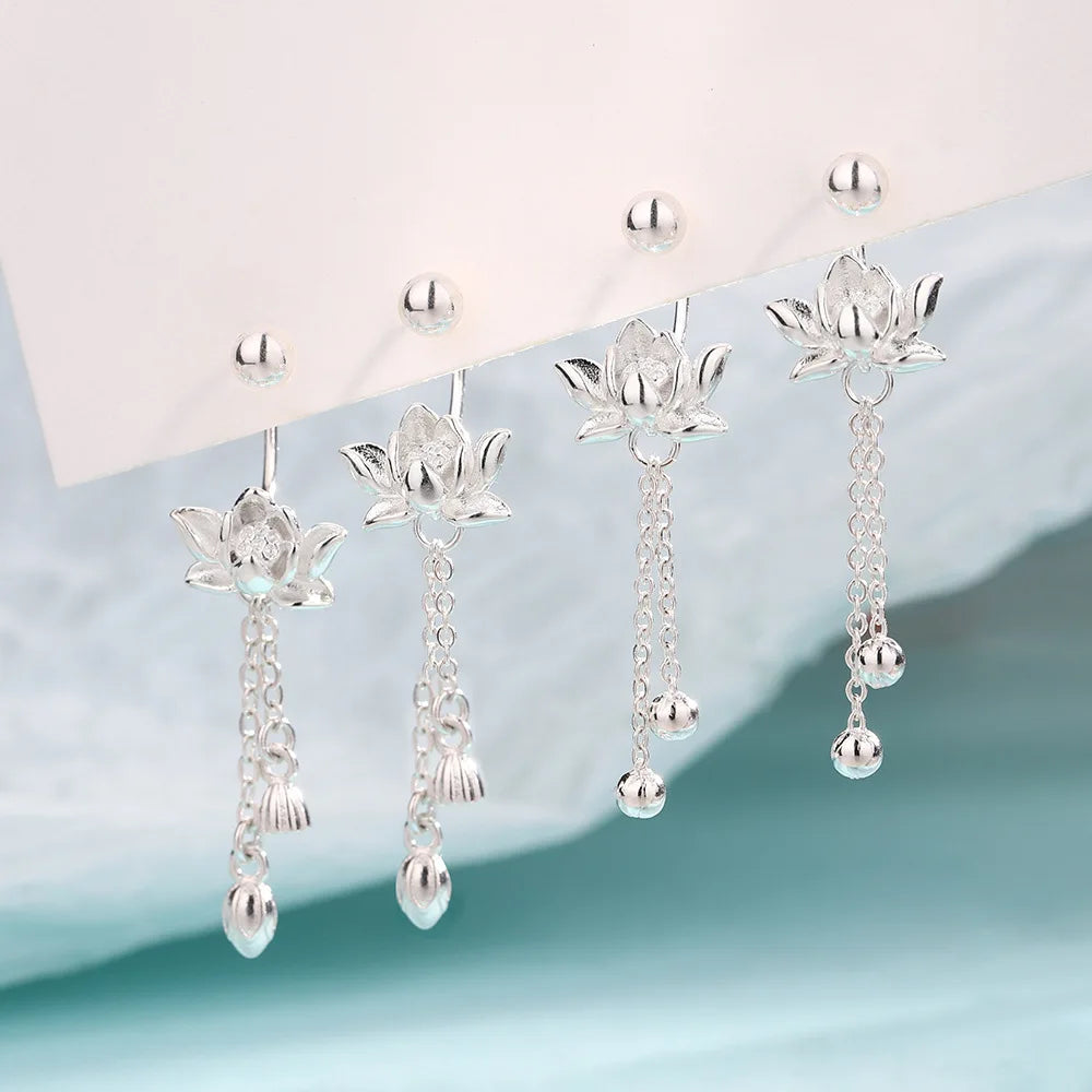925 Sterling Silver Vintage Lotus Earrings for Women Cute Sweet Screw Design Silver Color Bowknot Earrings Vintage Jewelry Gi