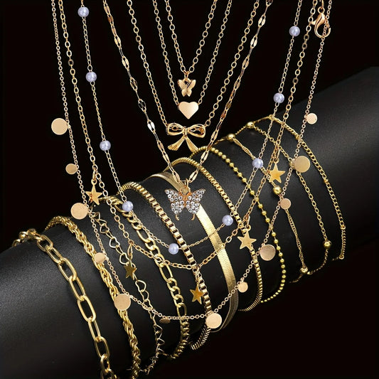 17pcs Fashion Minimalist Jewelry Set For Women Vintage Twist Snake Bone Heart Butterfly Star Pendant Necklace Bracelet Sets G