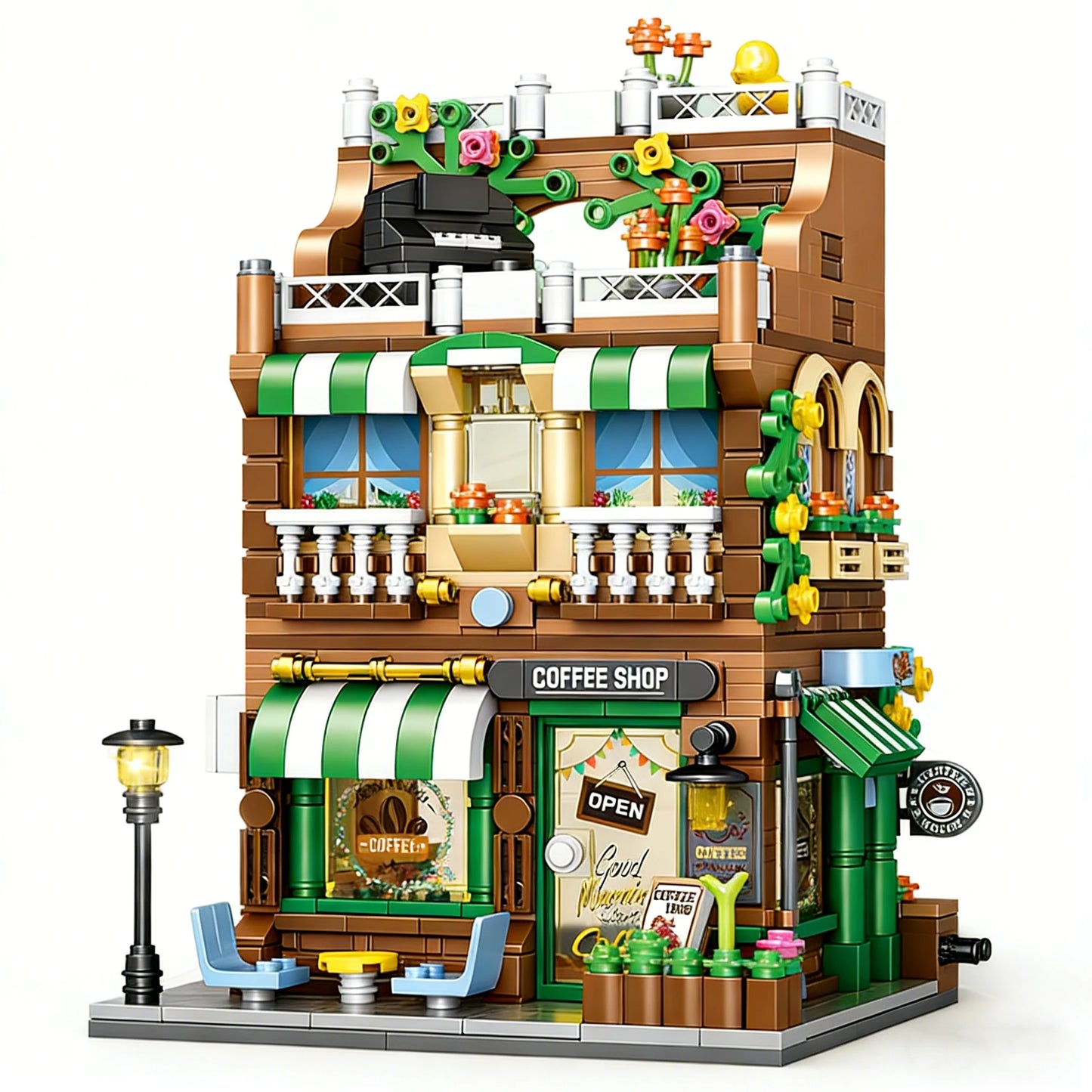 City Architecture Building Blocks Street View Cafe Model Desktop Decoration Children DIY Assembly Toy Holiday Gift