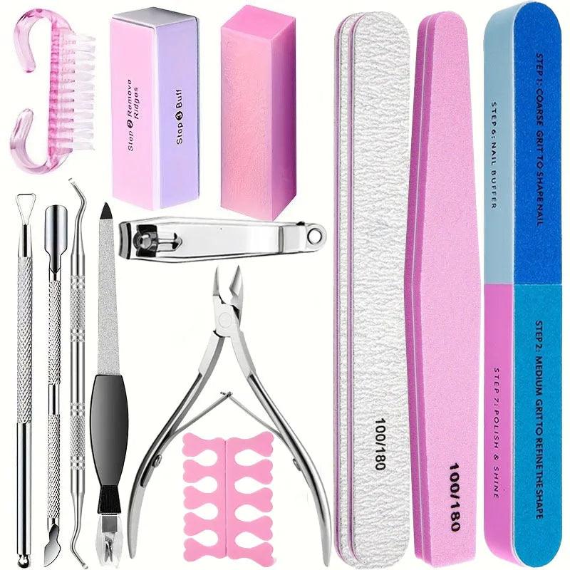 10/15pcs Professional Nail Art Kit with 100/180 Grit Files,Buffer Sponge,Brush,Scissors,Cuticle Nippers Pushers Gel Polish To