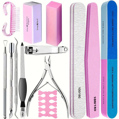 10/15pcs Professional Nail Art Kit with 100/180 Grit Files,Buffer Sponge,Brush,Scissors,Cuticle Nippers Pushers Gel Polish To