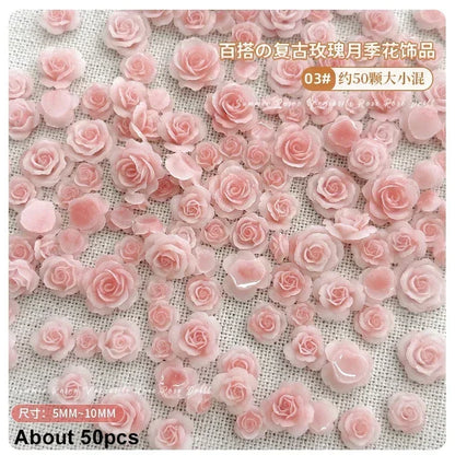 50Pcs Vintage 3D Rose Flowers Nail Art Jewelry Decoration Colorful Halo Dyeing Camellia DIY Fashion Manicure Accessory