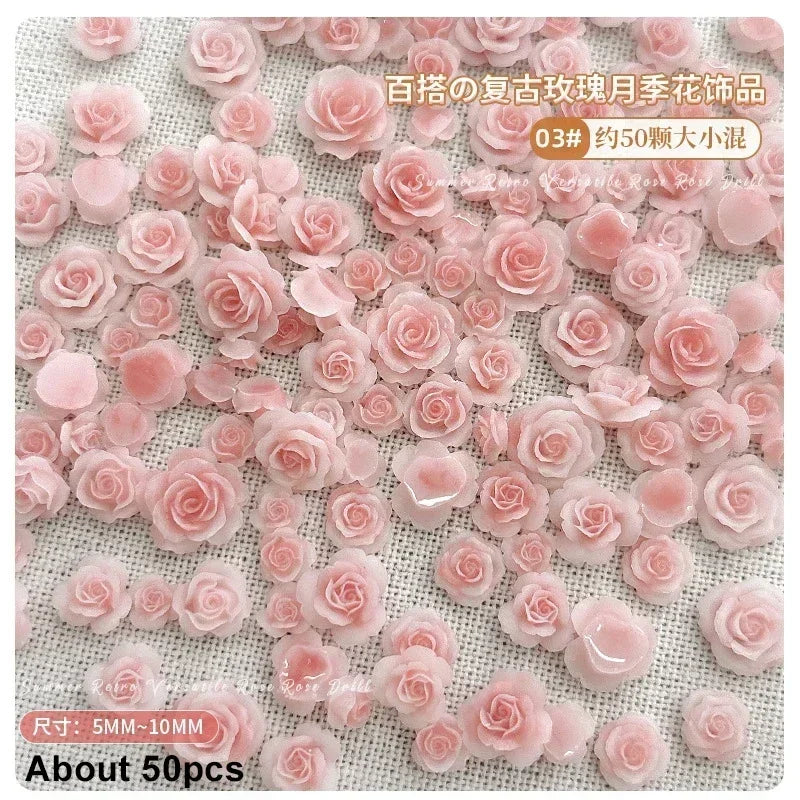 50Pcs Vintage 3D Rose Flowers Nail Art Jewelry Decoration Colorful Halo Dyeing Camellia DIY Fashion Manicure Accessory - MP80