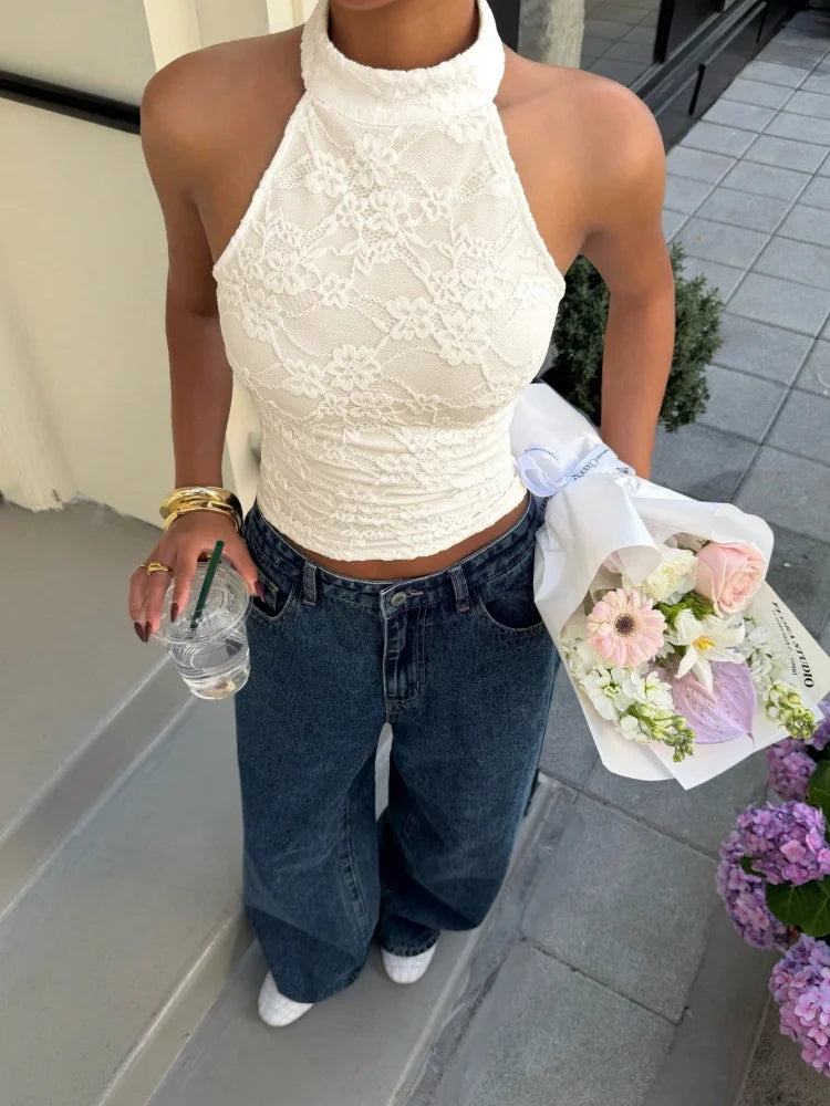 Women's Sexy White Lace High Neck Halter Back Button Backless Slim Fit Crop Top Casual Daily Vacation Summer 2026