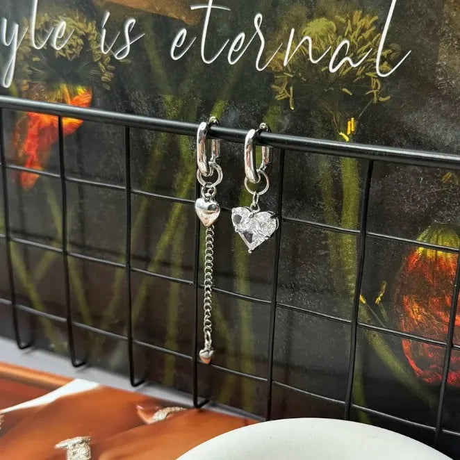 Fashion Tassel Zircon Heart Asymmetric Long Earrings