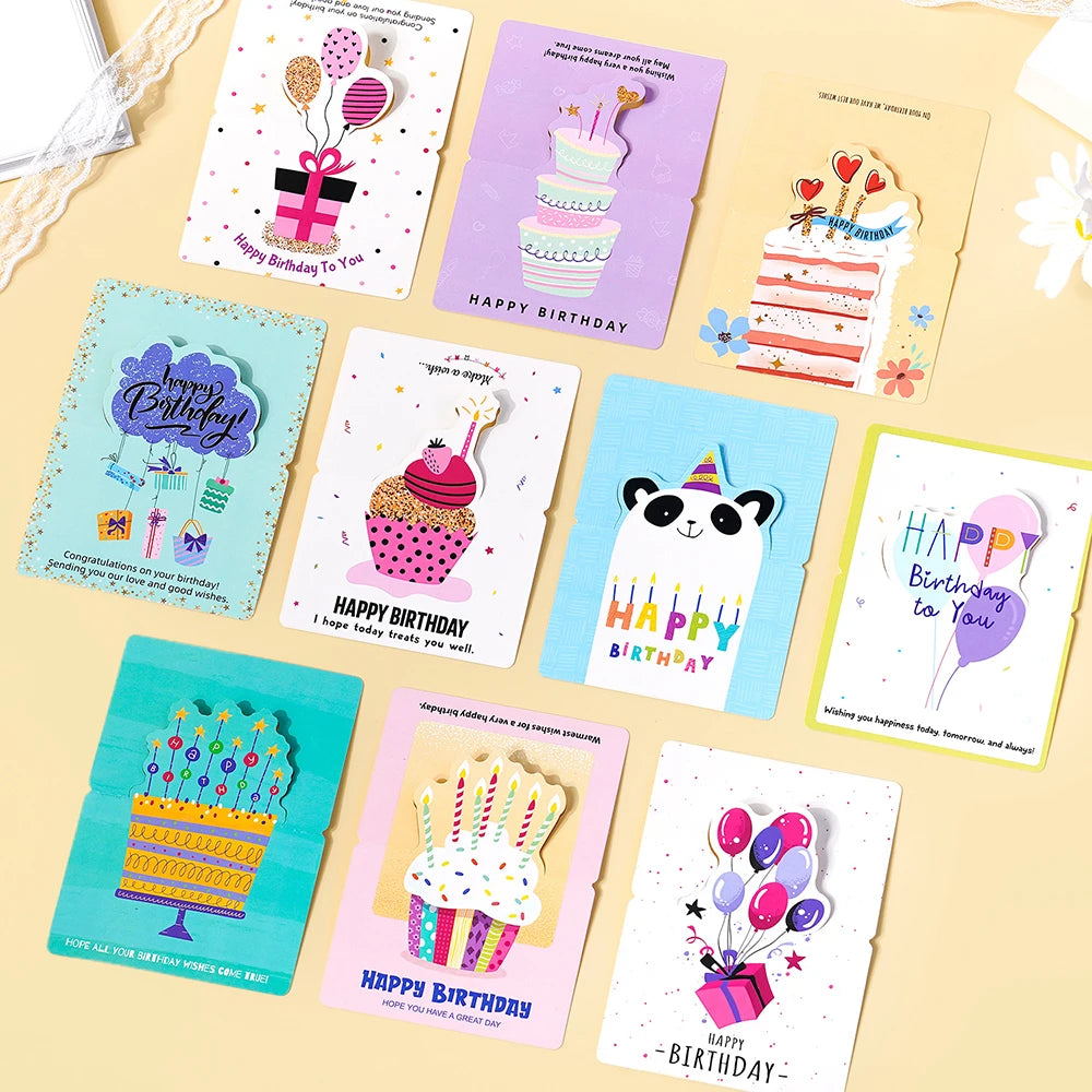 10 birthday cards, 3D small size cartoon, simple folding, handwritten blessing message, birthday card