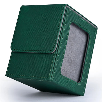 Card Deck Box with Display Window, Trading Card Storage Case, Holds 120+ Single Sleeved Cards, PU Leather Denim Card Box for 