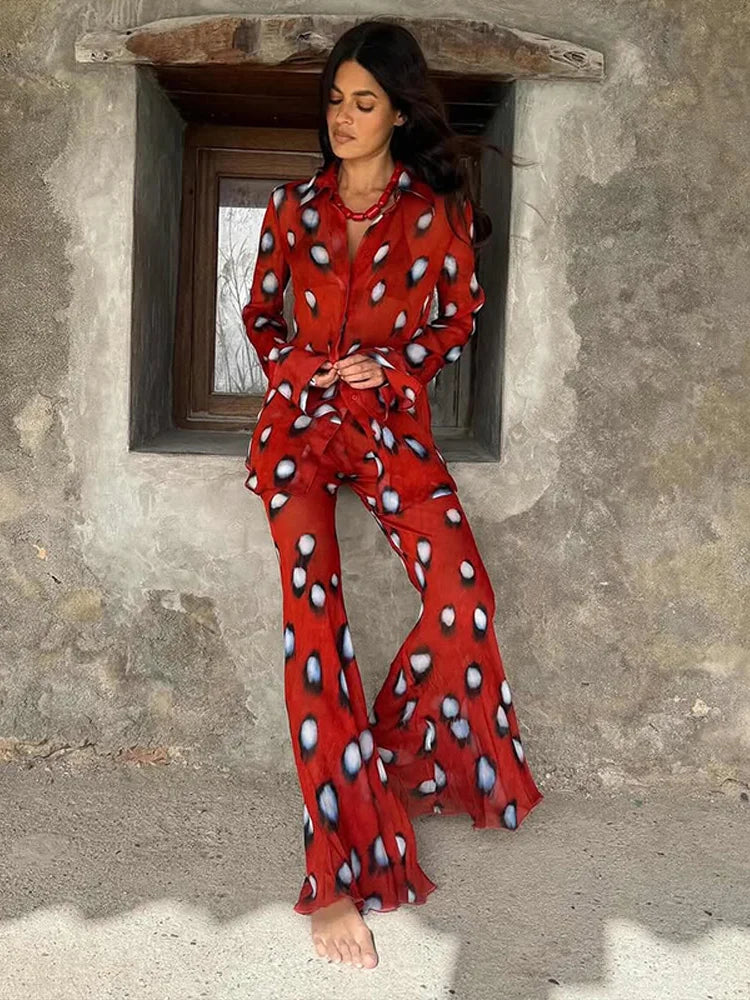 Stripe Two Piece Set Sheer Lapel Long Sleeve Shirt High Waist Flared Wide Leg Pants Chiffon 2026 Summer Resort Lady Chic Outf