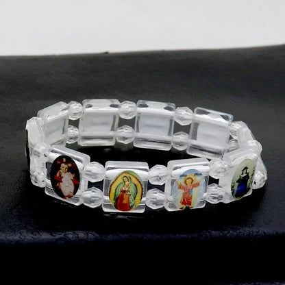 Vintage Jesus And Virgin Mary PVC Rosary Bead Bracelet With Elastic Band Religious Image Stickers For Daily Wear Parties