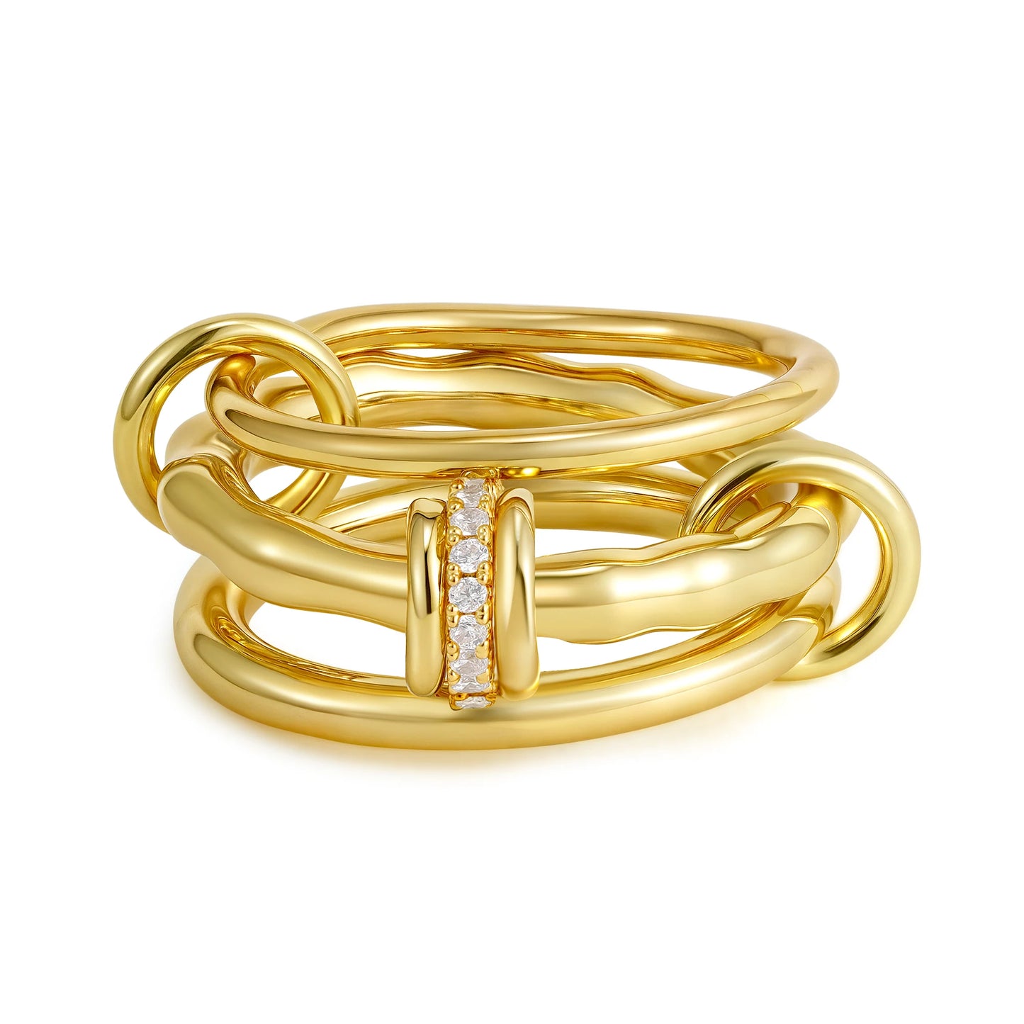 Luxury Cubic Zirconia Gold Plating Multilayer Connecting Rings for Women Fashion Mixed Color Stackable Finger Ring Party Jewe