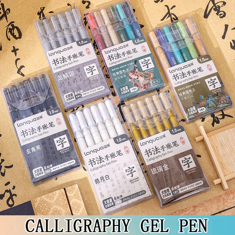 6 Pcs/Set Large Capacity Calligraphy Gel Pen 1.0mm Hard Tip Pens for Journaling Drawing Practice Planner Writing Stationery