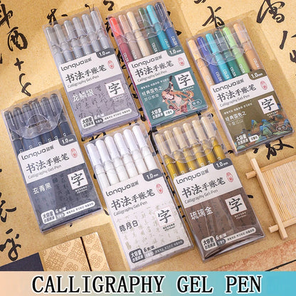 6 Pcs/Set Large Capacity Calligraphy Gel Pen 1.0mm Hard Tip Pens for Journaling Drawing Practice Planner Writing Stationery