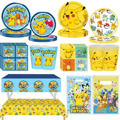 Decoration Pokemon Birthday Party Hats Pikachu Disposable Tableware Tablecloth Cup Plate Napkin Baby Shower Party Favors Poke