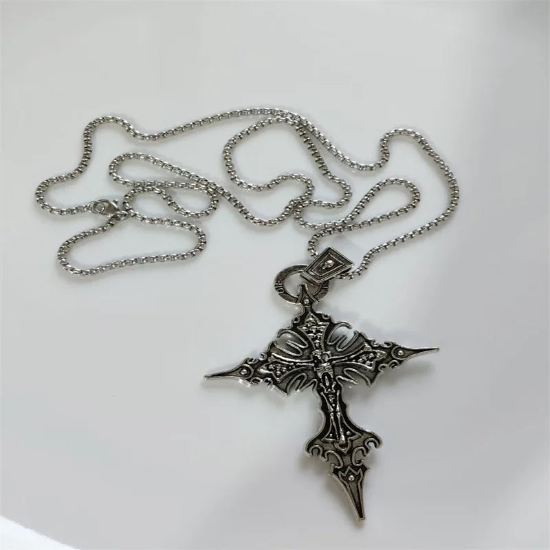 Vintage Cross Pendant Necklace Unisex Versatile Simple Long Sweater Chain Hip Hop Accessory - 10