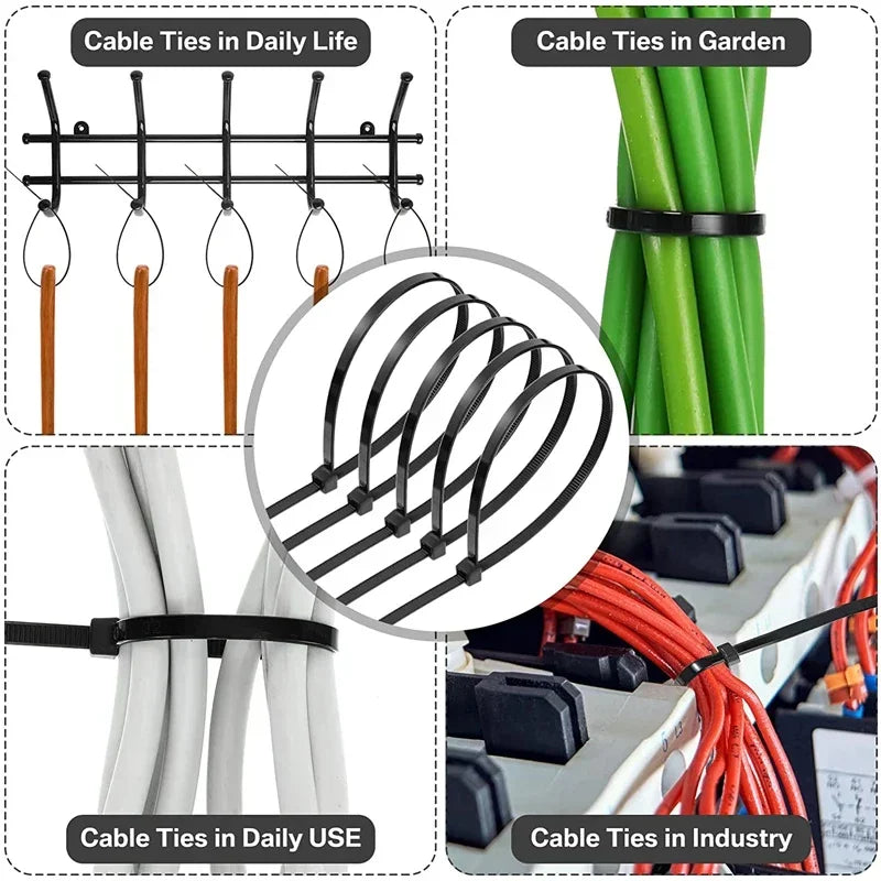 1000/100Pcs Nylon Cable Ties Self-locking Cord Ties Straps Adjustable Cables Fastening Loop Home Office Wire Zip Ties
