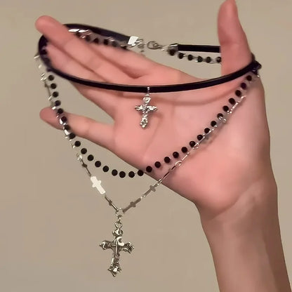 Punk Multi-Layer Cross Necklace Spicy Girl Y2K Vintage Beaded Long Cross Pendant Hip-pop Personalized Chain Long Necklace