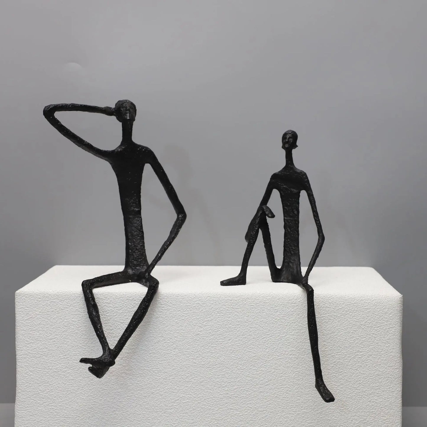 Modern Abstract Thin Metal Figure Sculpture Set, Sitting Thinker Figurine, Vintage Iron Art Statue for Home Office Desktop De