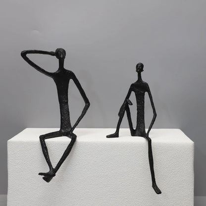 Modern Abstract Thin Metal Figure Sculpture Set, Sitting Thinker Figurine, Vintage Iron Art Statue for Home Office Desktop De