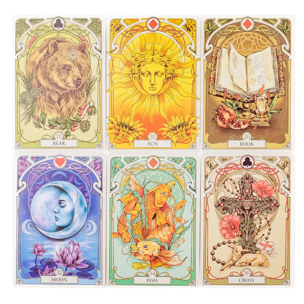 Romantic Lenormand Oracle Cards 37 Pcs Deck 10.2x7.2cm English Vision Art Nouveau Floral Motifs for Party Board Playing Games