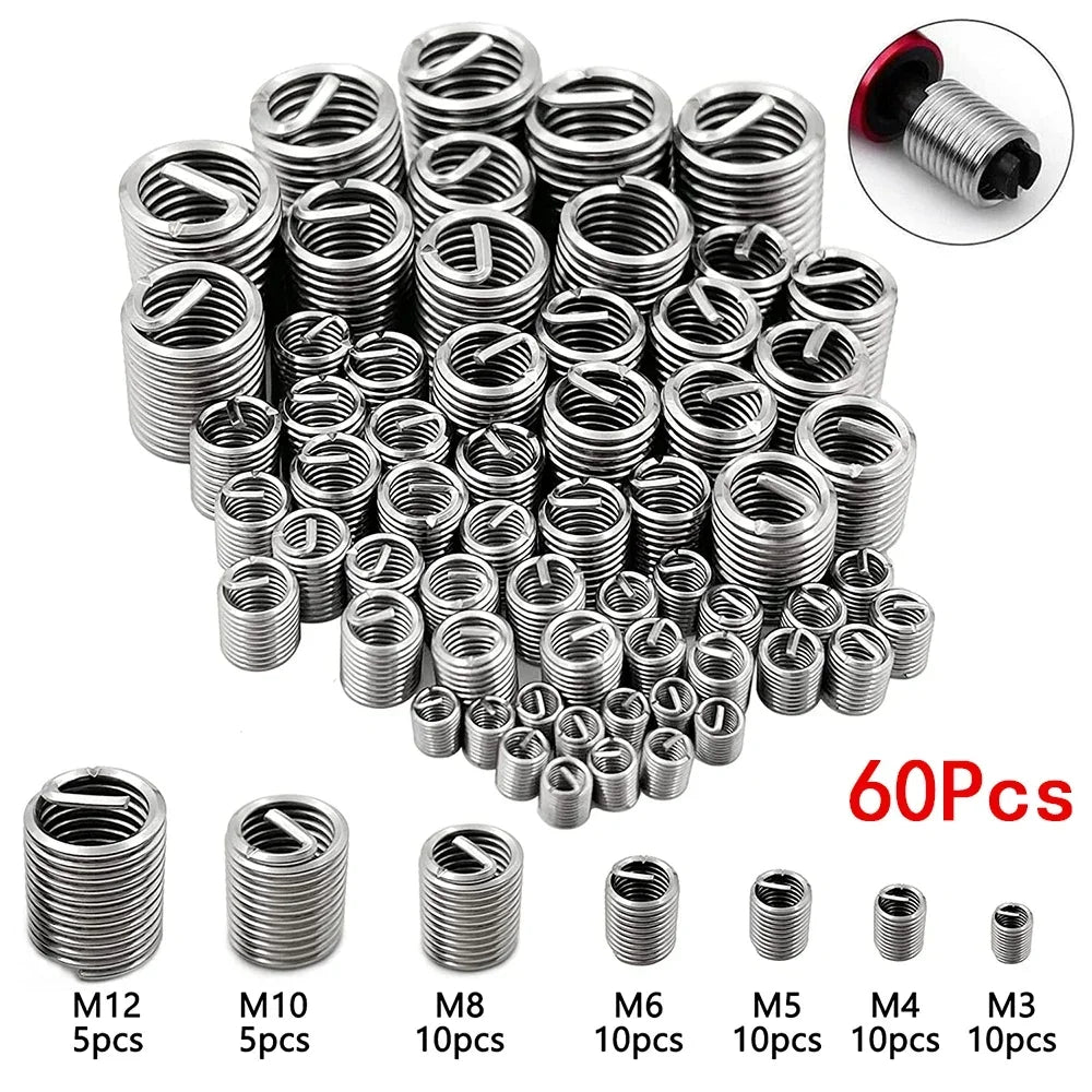 60Pcs Wire Thread Insert M3 M4 M5 M6 M8 M10 M12 Fastening Thread Insert Stainless Steel Spiral Wire Screw Sleeve Wear Repair 