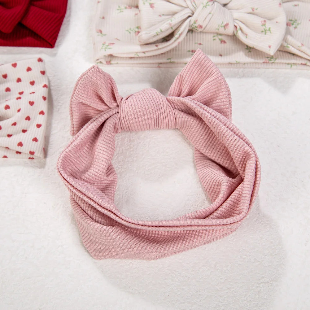 3Pcs/lot Ins Ribbed Baby Girls Headbands Floral Red Heart Dasiy Print Bows Elastic Hair Bands Toddler Vintage Hair Accessorie