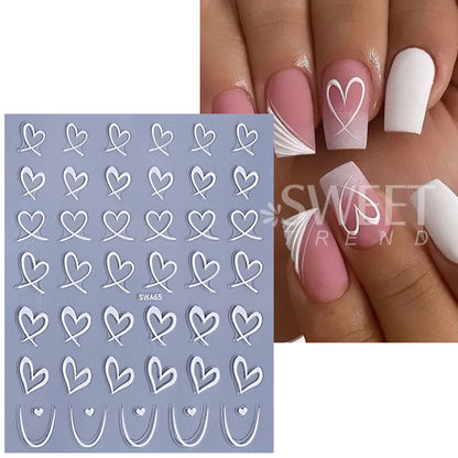 3pcs Valentine's Day Nail Art Stickers 3D Black White Pink Lines Love Heart Nail Decals DIY Adhesive Slider Manicure Decorati