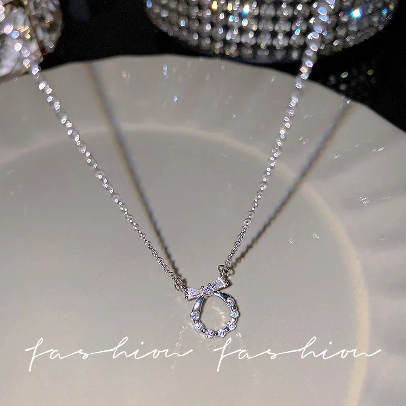Y2K Crystal Bow Angel Wings Heart Pendant Necklace For Women Sweet Cool Girl Clavicle Chain Trendy Aesthetic Jewelry Accessor