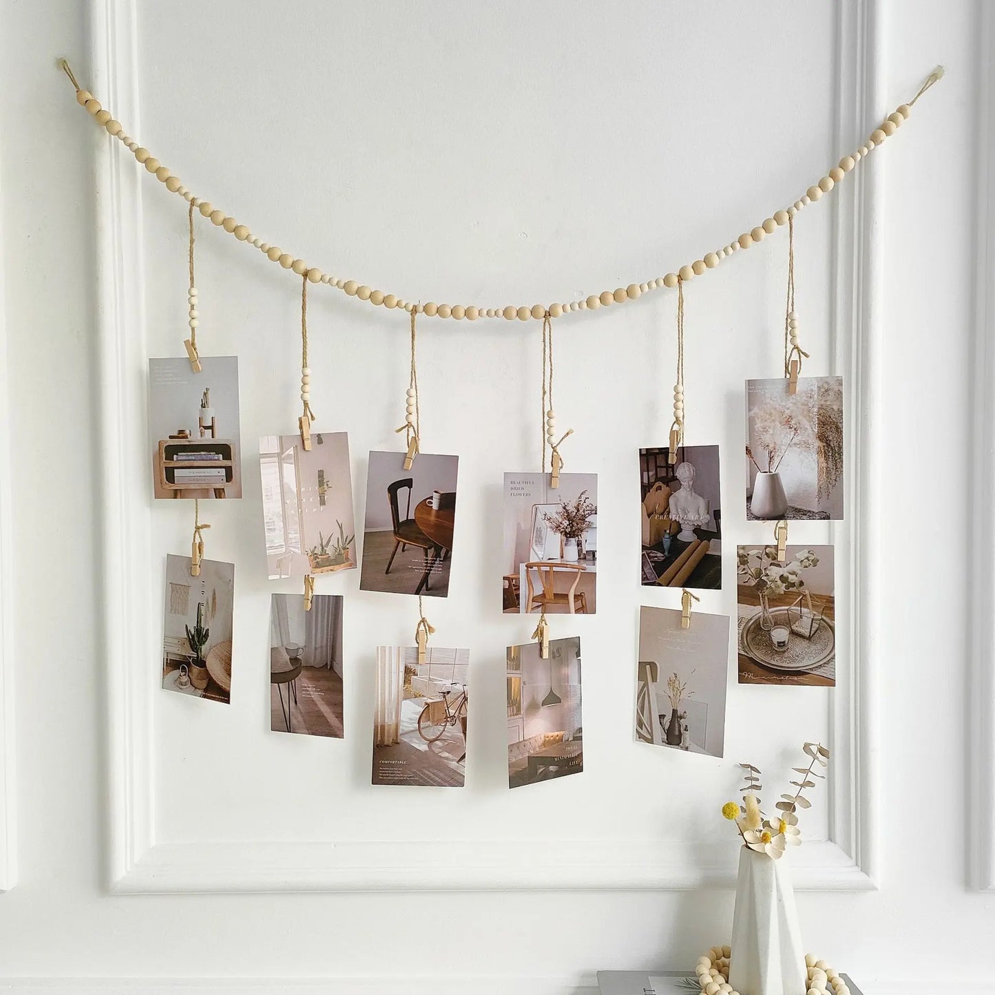Hanging Photo Display Wooden Bead Garland Boho Wall Hanging for Bedroom Living Room Dorm Party Decor Teen Girl Gifts - 12 cli