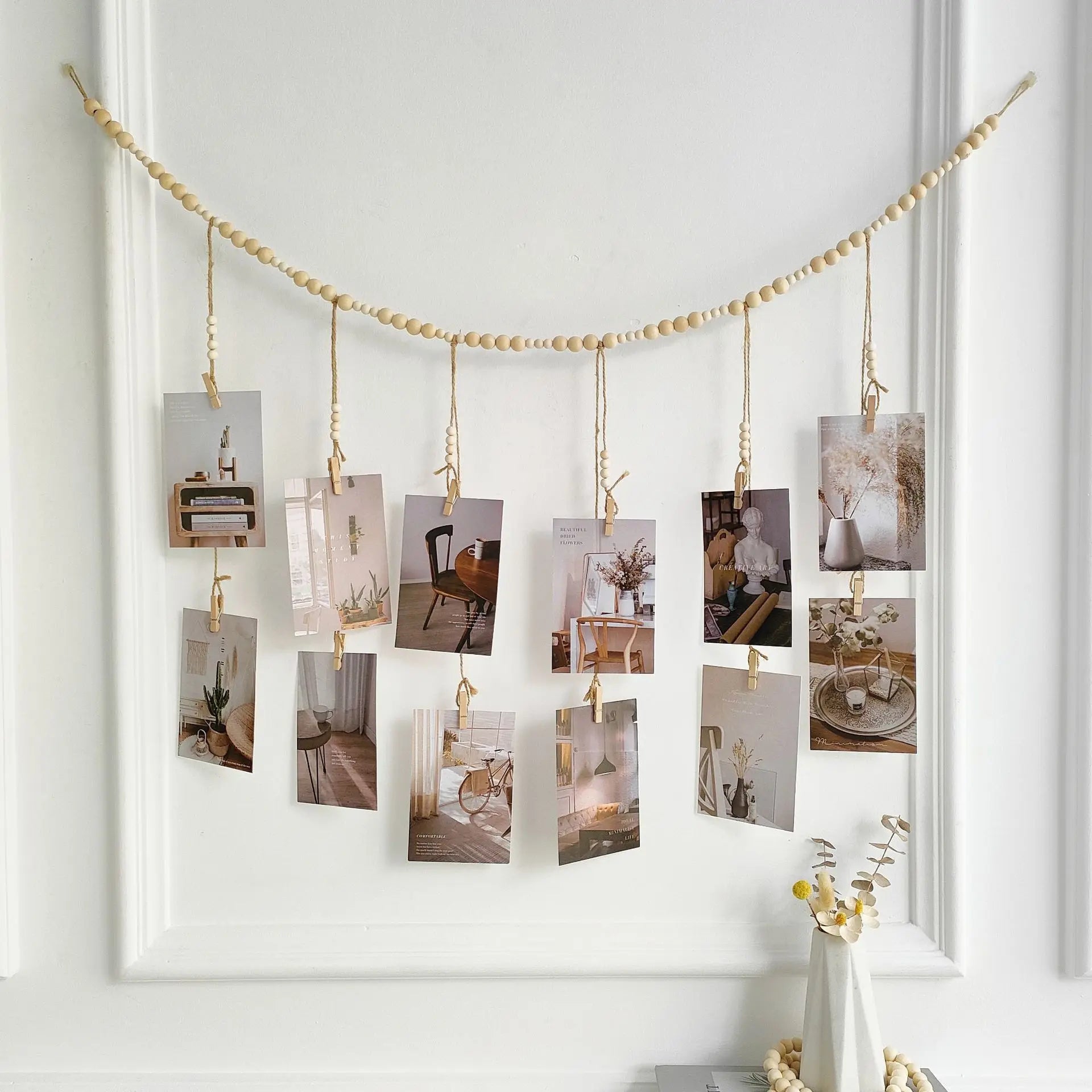 Hanging Photo Display Wooden Bead Garland Boho Wall Hanging for Bedroom Living Room Dorm Party Decor Teen Girl Gifts - 12 cli